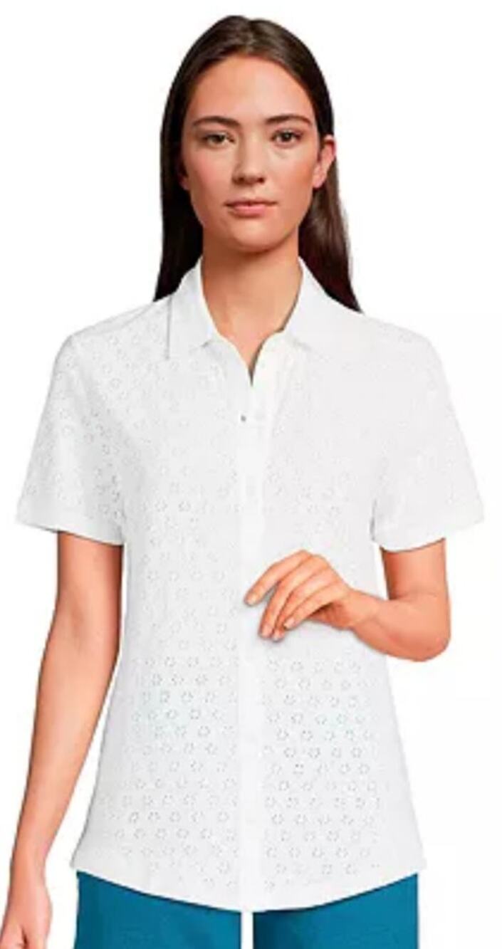 Lands' End Women 3x White Knit Short Sleeve Eyelet Lace Button Front Top